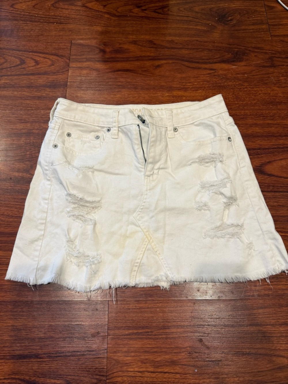 American Eagle White Distressed Denim Mini Skirt